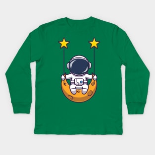 Cute Astronaut Swinging On Moon Cartoon Kids Long Sleeve T-Shirt